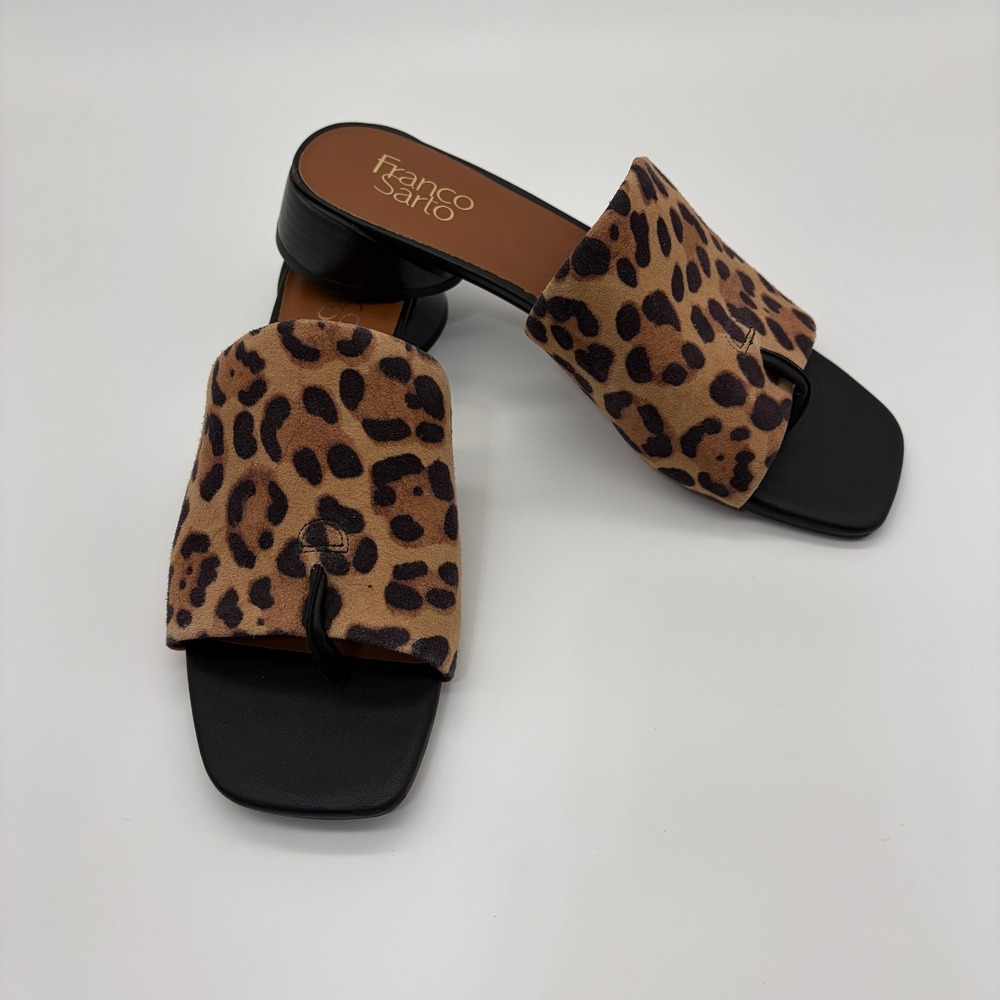 Franco Sarto Loran Leopard Print Calf Hair Low Block Heel Thong Sandals 8.5